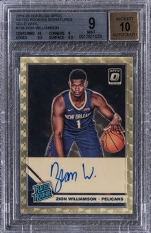 2019-20 Donruss Optic "Rated Rookies Signatures" Gold Vinyl #158 Zion Williamson Signed Rookie Card (#1/1) - BGS MINT 9/BGS 10